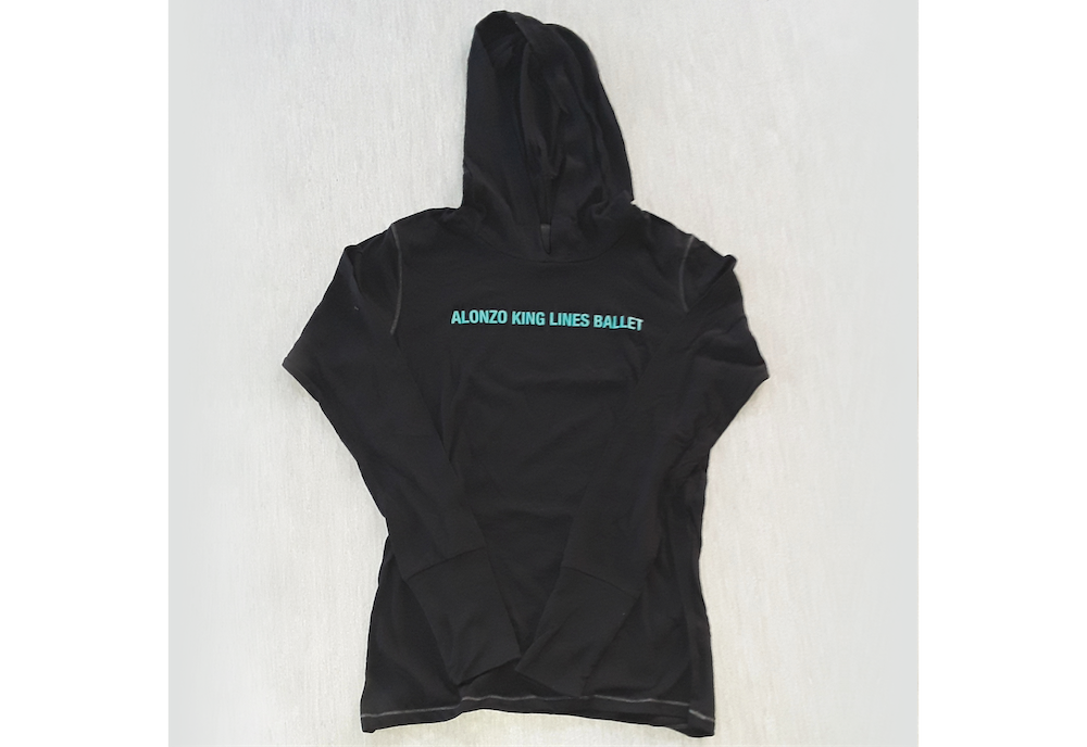 Black hooded long sleeve shirt with teal artwork