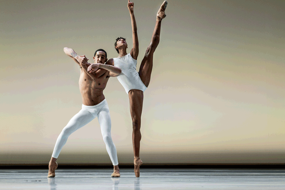 LINES Ballet company artists Adji Cissoko and Shuaib Elhassan performing a pas de deux on stage in Alonzo King's The Personal Element