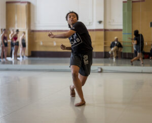 Former LINES Summer Program and BFA at Dominican student dancing in a workshop led by Alonzo King at LINES Dance Center