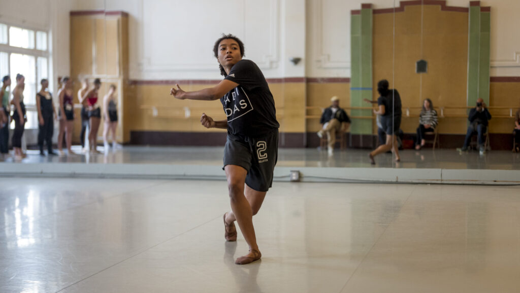 Former LINES Summer Program and BFA at Dominican student dancing in a workshop led by Alonzo King at LINES Dance Center