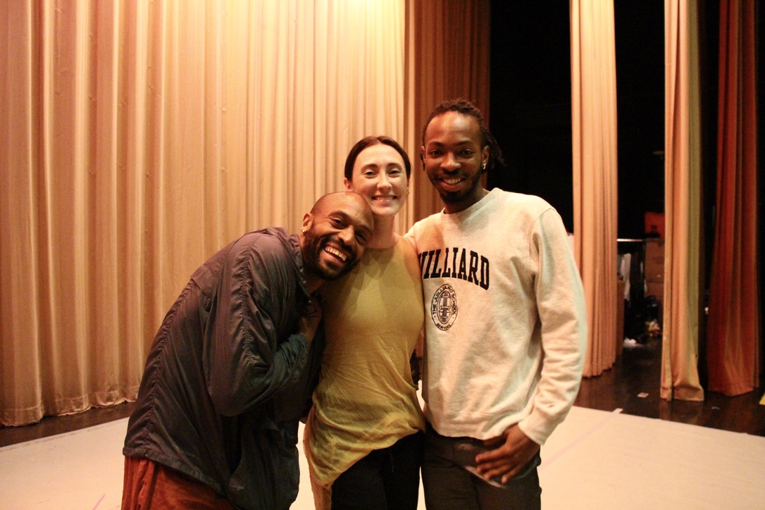 LINES Ballet Company Dancers Babatunji, Maya Harr, and Josh Francique smiling and standing together backstage after the Aptos Middle School performance