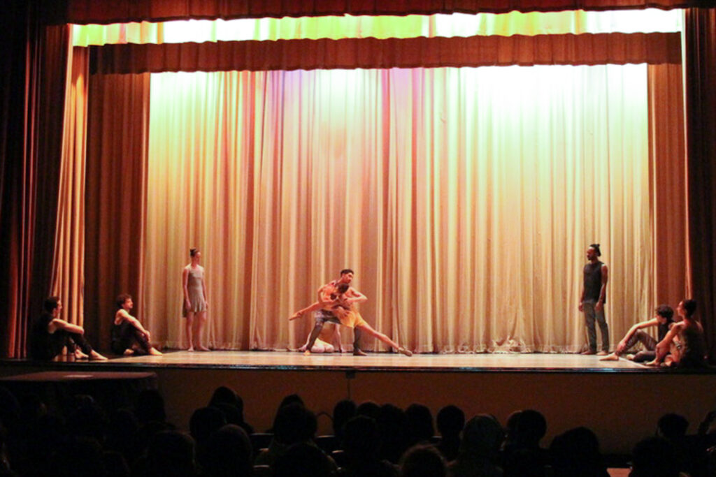 Alonzo King LINES Ballet company dancers, including Adji Cissoko and Shuaib Elhassan, performing in a on-site performance at Aptos Middle School