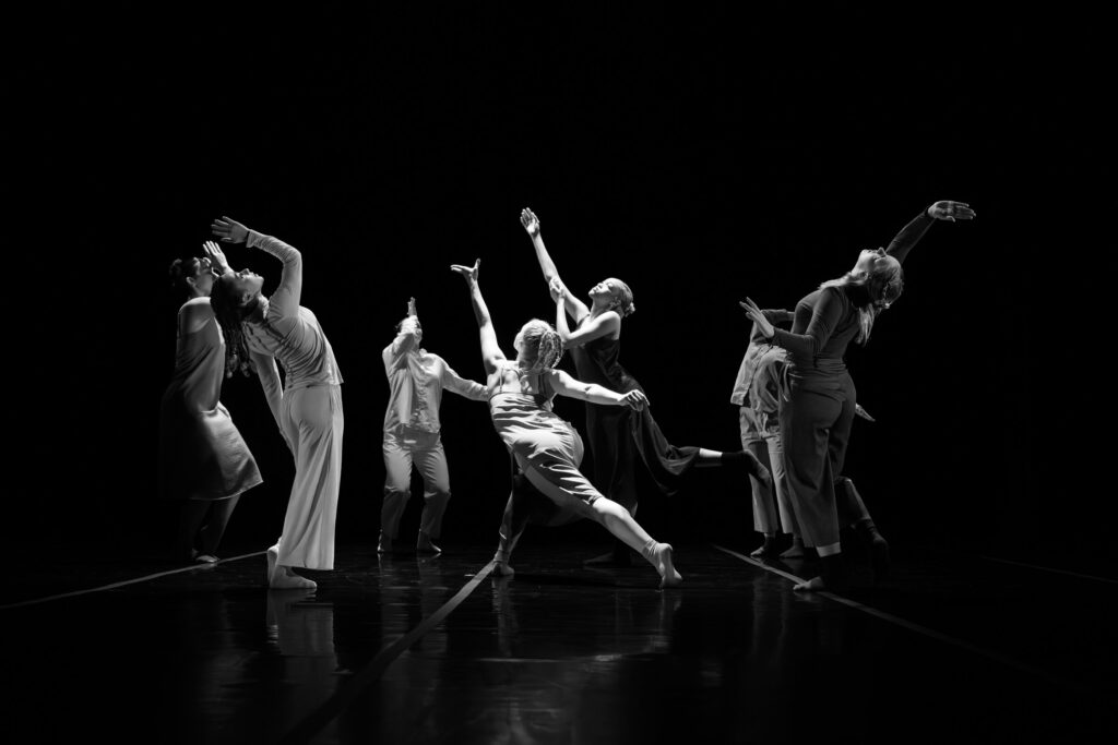 BFA at Dominican students performing on stage during a showcase; photo is in black and white