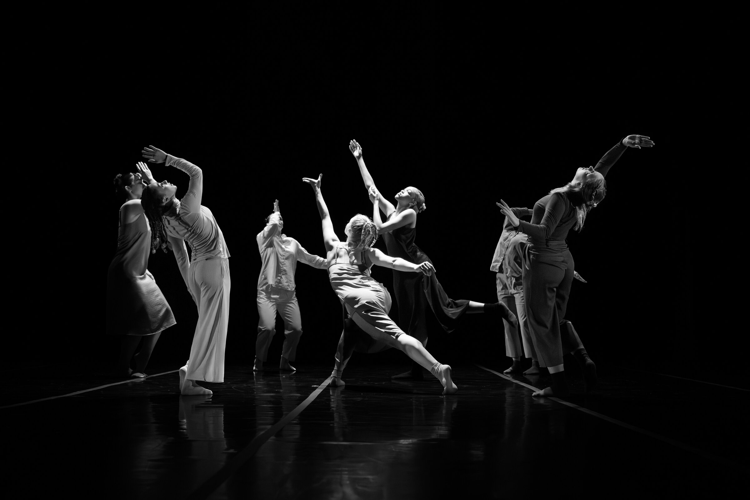 BFA at Dominican students performing on stage during a showcase; photo is in black and white