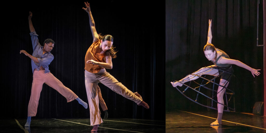 Collage of BFA seniors dancing - one duet in long pants and bright shirts reaching arms up and legs out, and one solo of a dancer in a hoop skirt looking over the edge