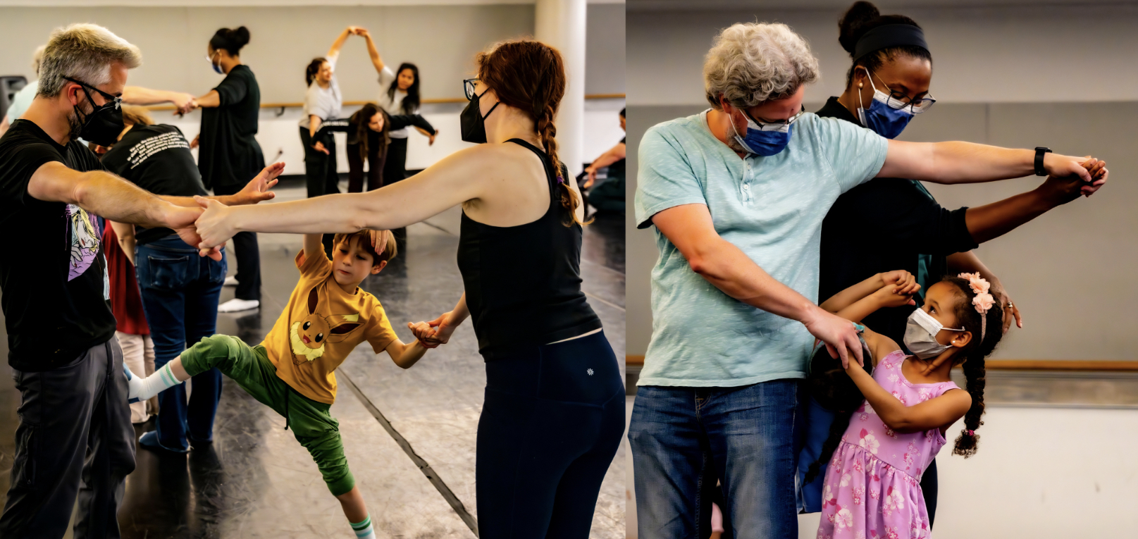 Collage of Family Experience participants holding hands and twisting around one another