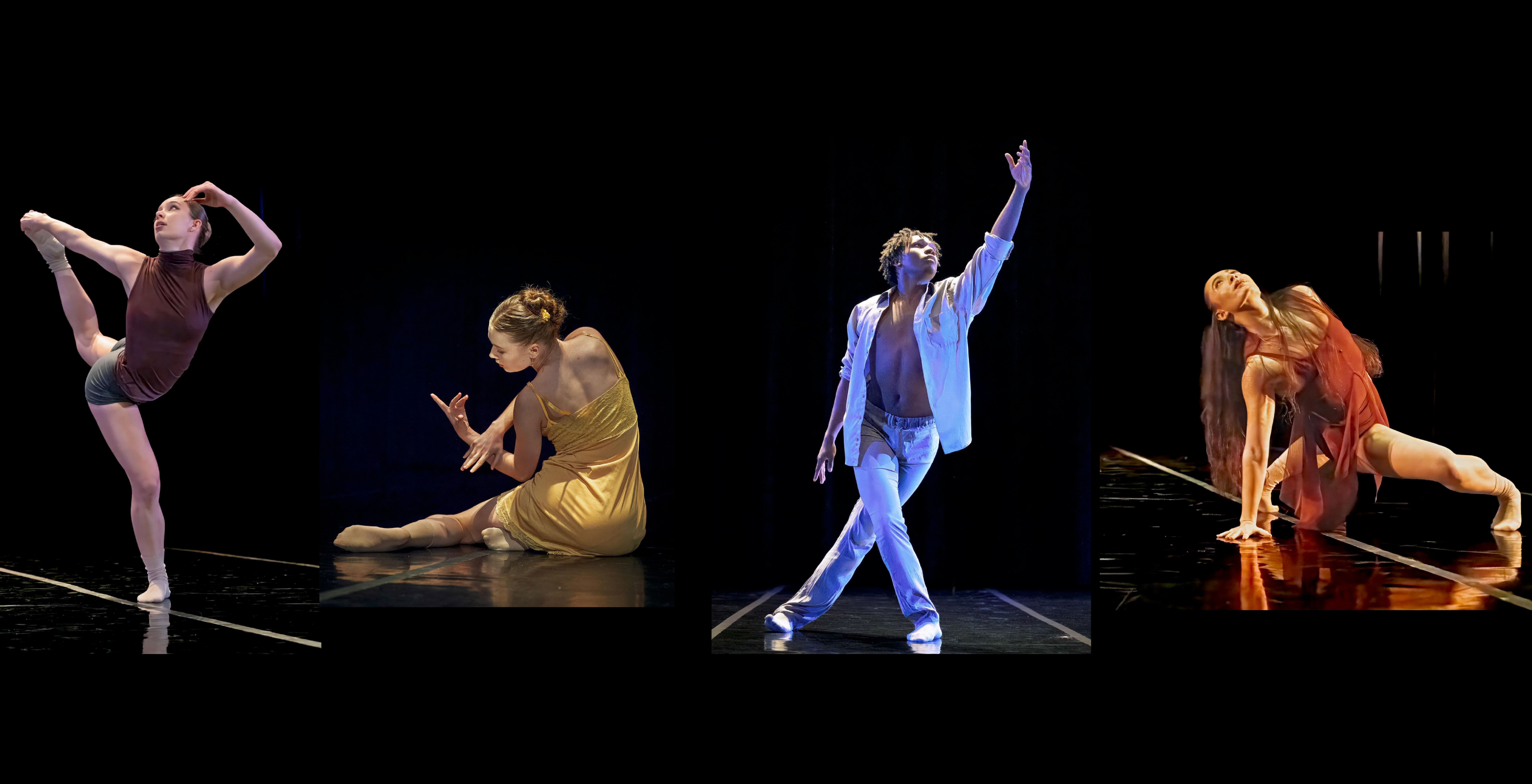 Collage of 4 BFA Senior dancers, images by Steve Disenhof and Doug Kaye.