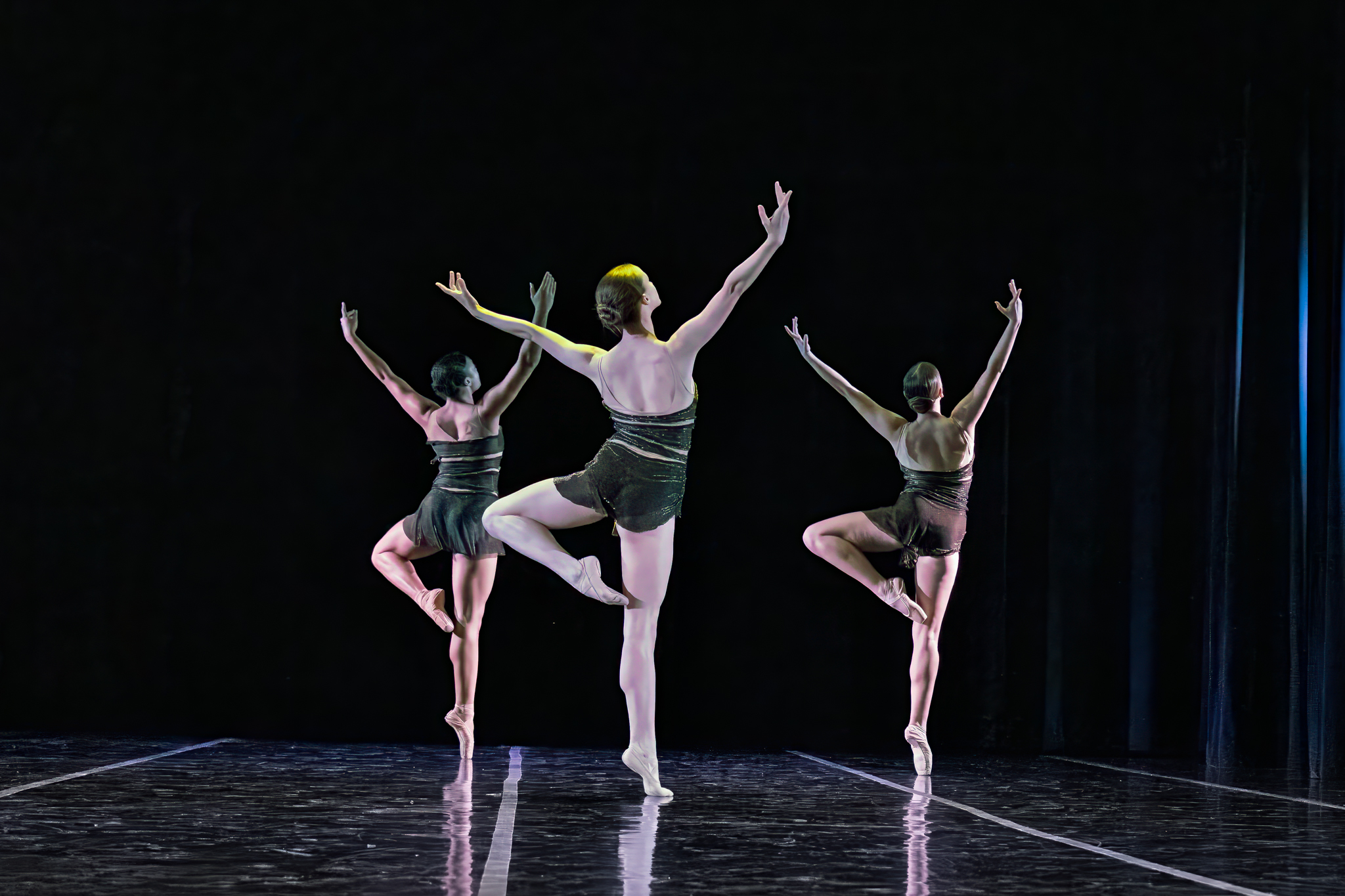 3 LINES BFA dancers in dark costumes face the back, arms up, balancing on one leg