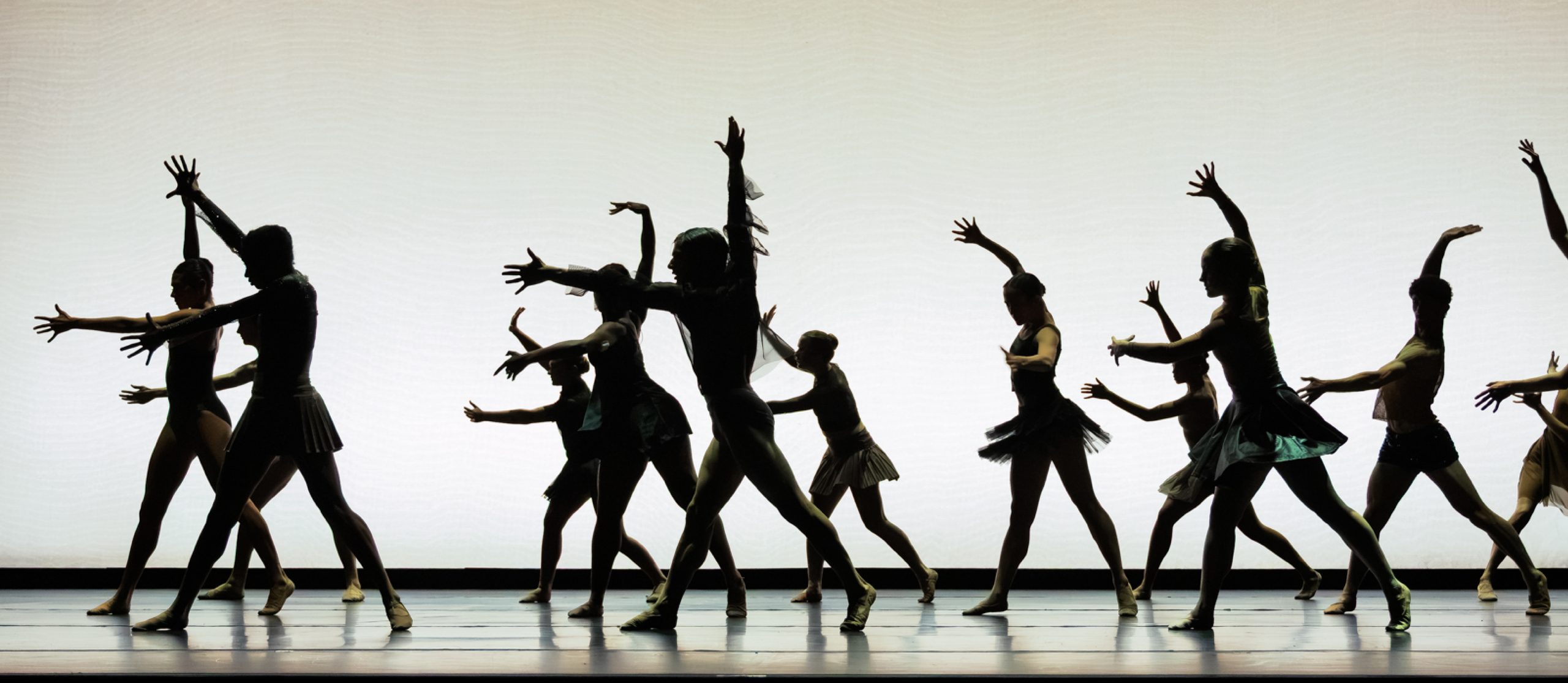 LINES Summer Program dancers perform onstage, silhouetted with a light background, arms in motion towards the sky.