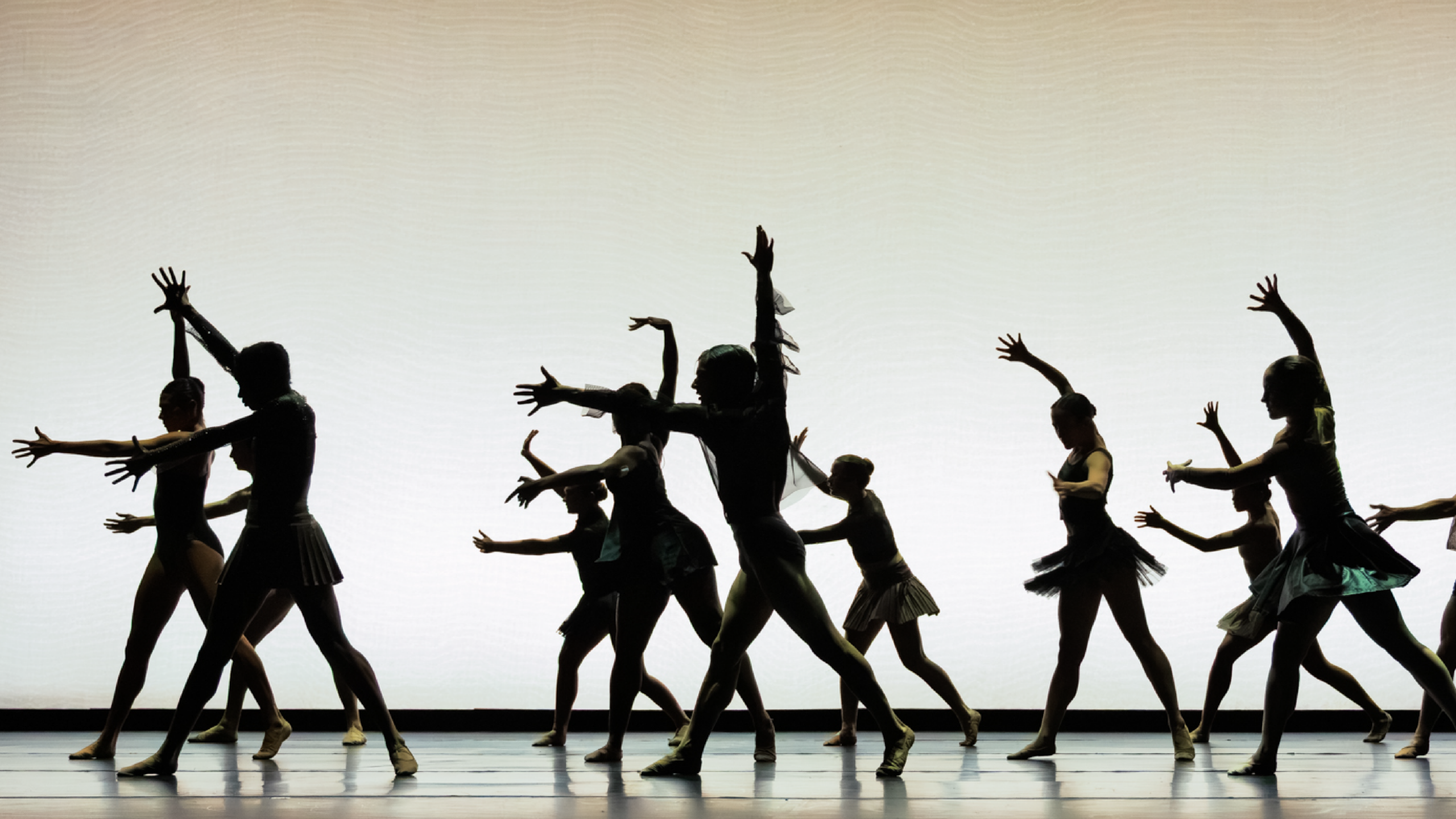 Summer Program students perform onstage. Dark silhouettes of dancers in motion stand out against a pale backdrop.