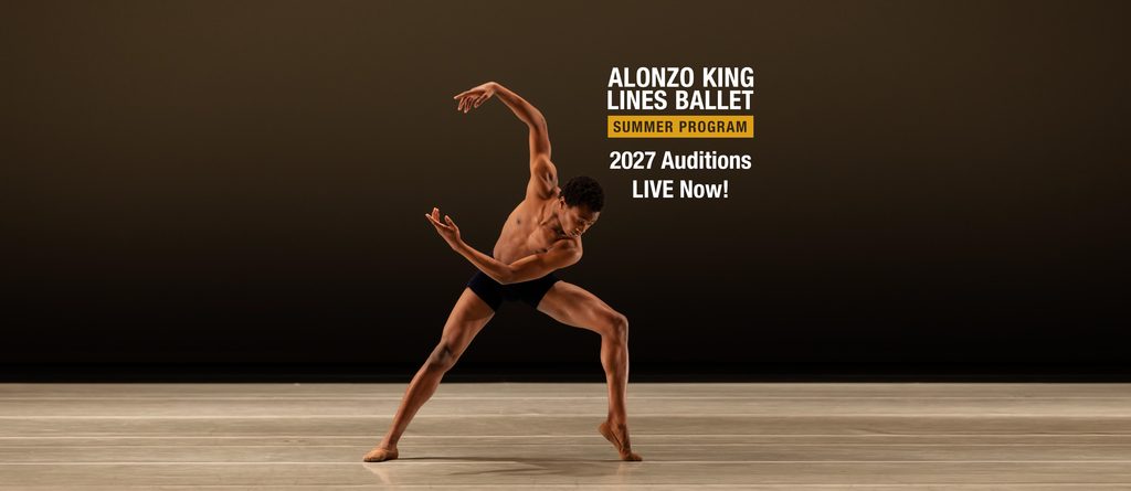 Alonzo King LINES Ballet Summer Program 2027 Audition LIVE Now! Dancer onstage in black shorts leans to one side, with a forced arch and focus looking down.